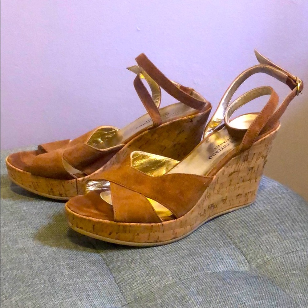 Andrea Carrano Suede Cork Wedges Ankle Strap